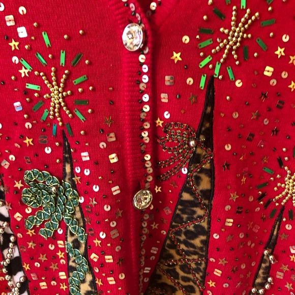 Berek Red Animal Print Christmas Tree Cardigan - Picture 4 of 5